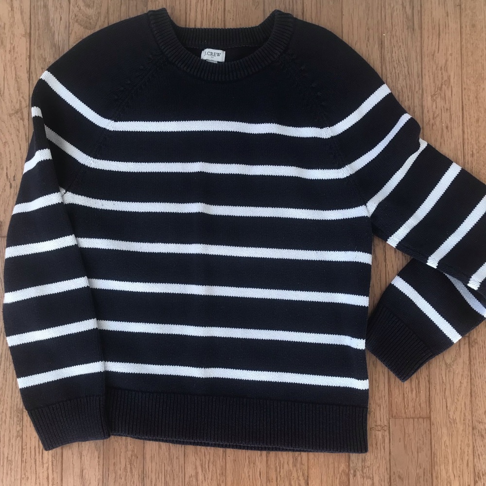 J.Crew Sweater Women Navy Blue/White Stripes 100%Cotton Size Medium